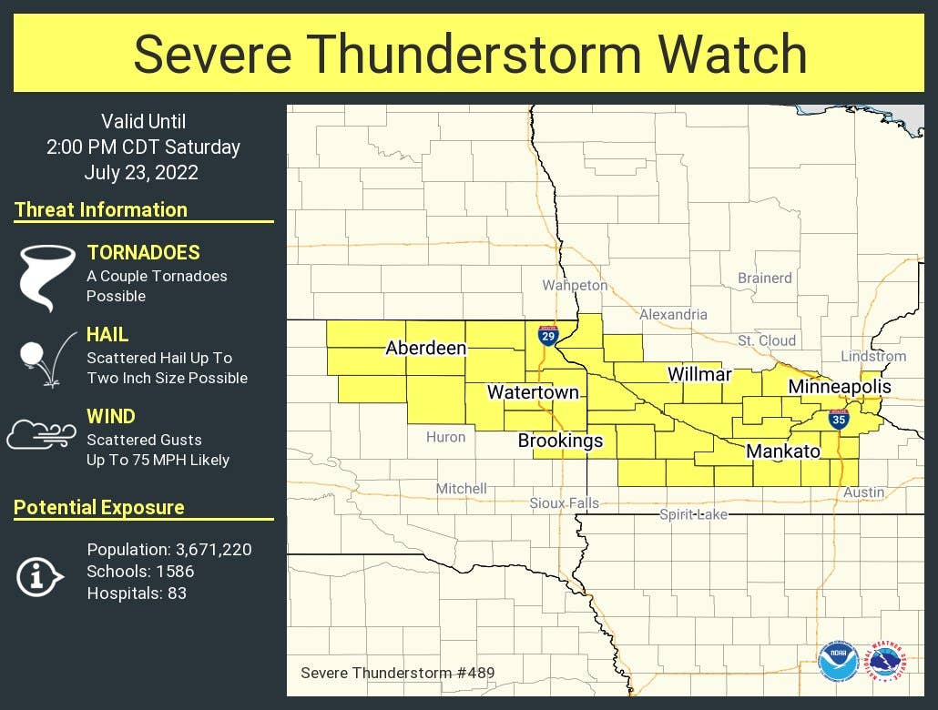 Severe t-storm watch in MN: 75 mph winds, large hail, tornadoes ...