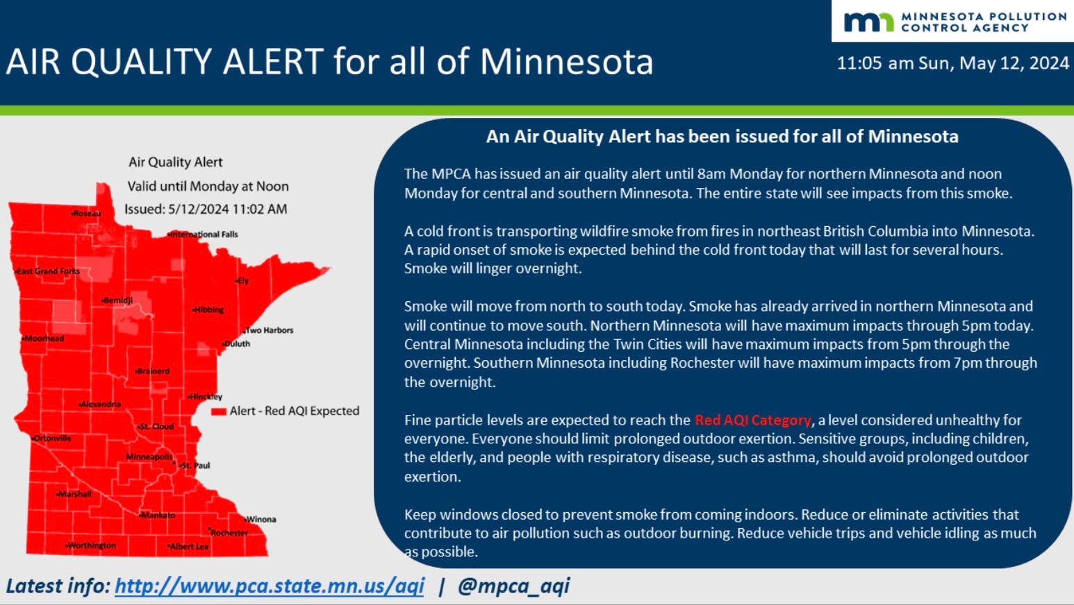 Air quality alert issued for whole of Minnesota as Canadian wildfire ...
