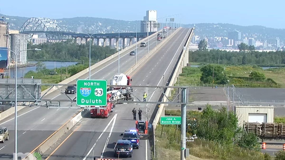Overturned truck closes northbound lanes on Blatnik Bridge between Superior and Duluth