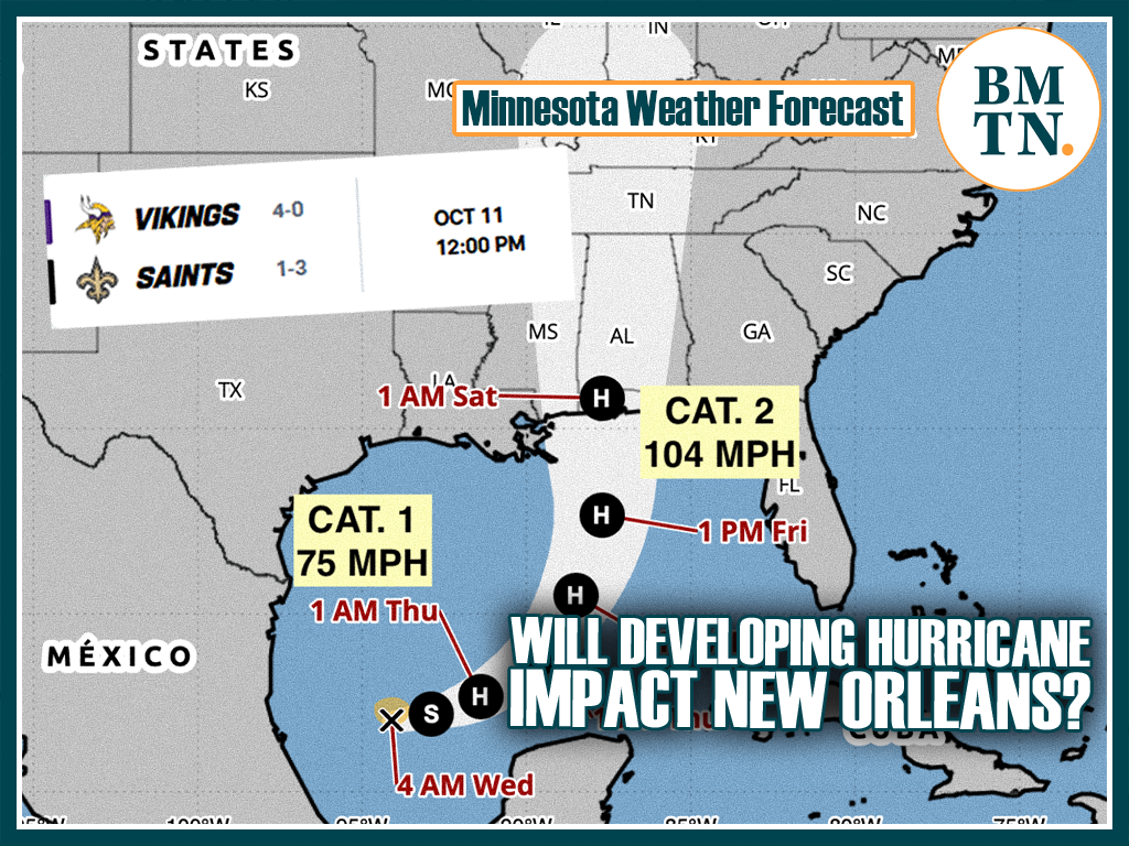 Will the developing hurricane in the Gulf impact New Orleans before Vikings-Saints?