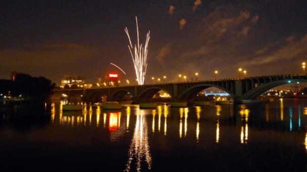 Fireworks near Stone Arch Bridge in Minneapolis.