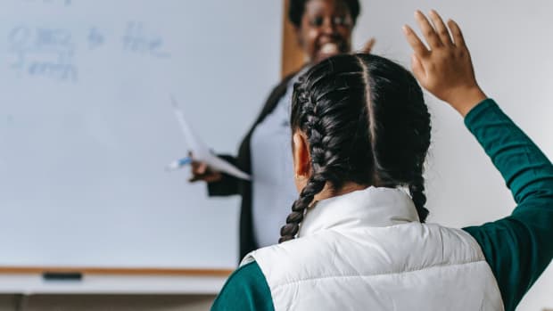 Pexels - classroom kid teacher student raise hand - crop
