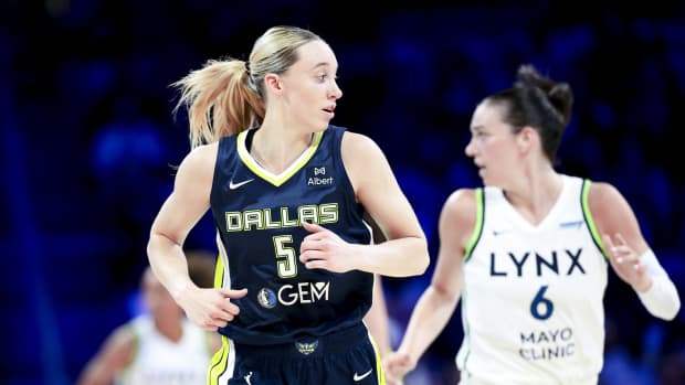 May 16, 2025; Arlington, Texas, USA; Dallas Wings guard Paige Bueckers (5) runs up the court against the Minnesota Lynx during the first half at College Park Center.