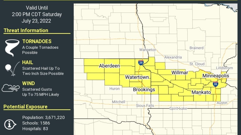Severe t-storm watch in MN: 75 mph winds, large hail, tornadoes possible