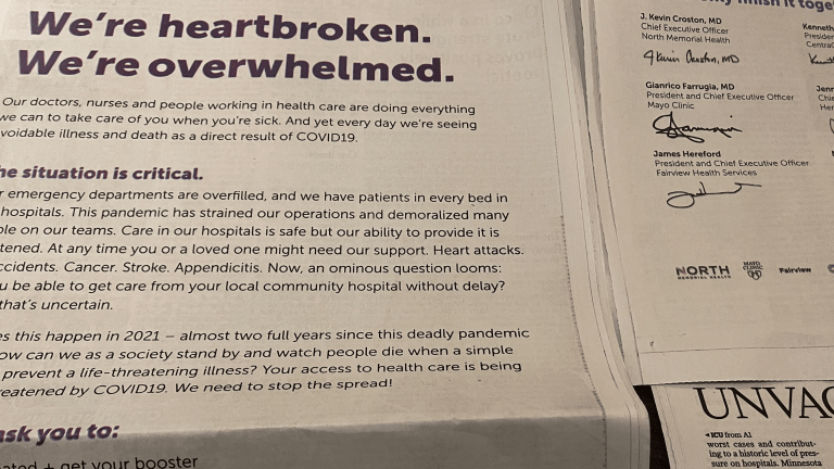 Healthcare systems issue full page message in Minnesota newspapers: 'We're heartbroken. We're overwhelmed."