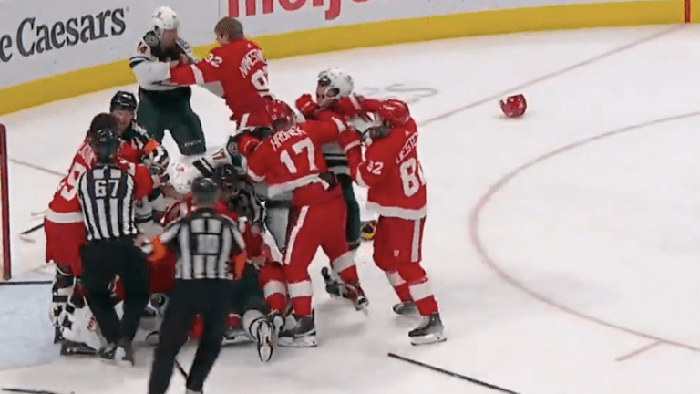 Blood on the ice after Wild, Red Wings brawl in Detroit