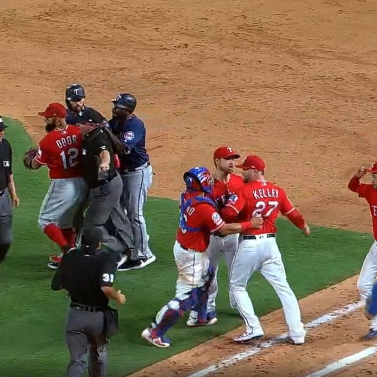 GF Baseball — Benches clearing brawl between the Rangers and