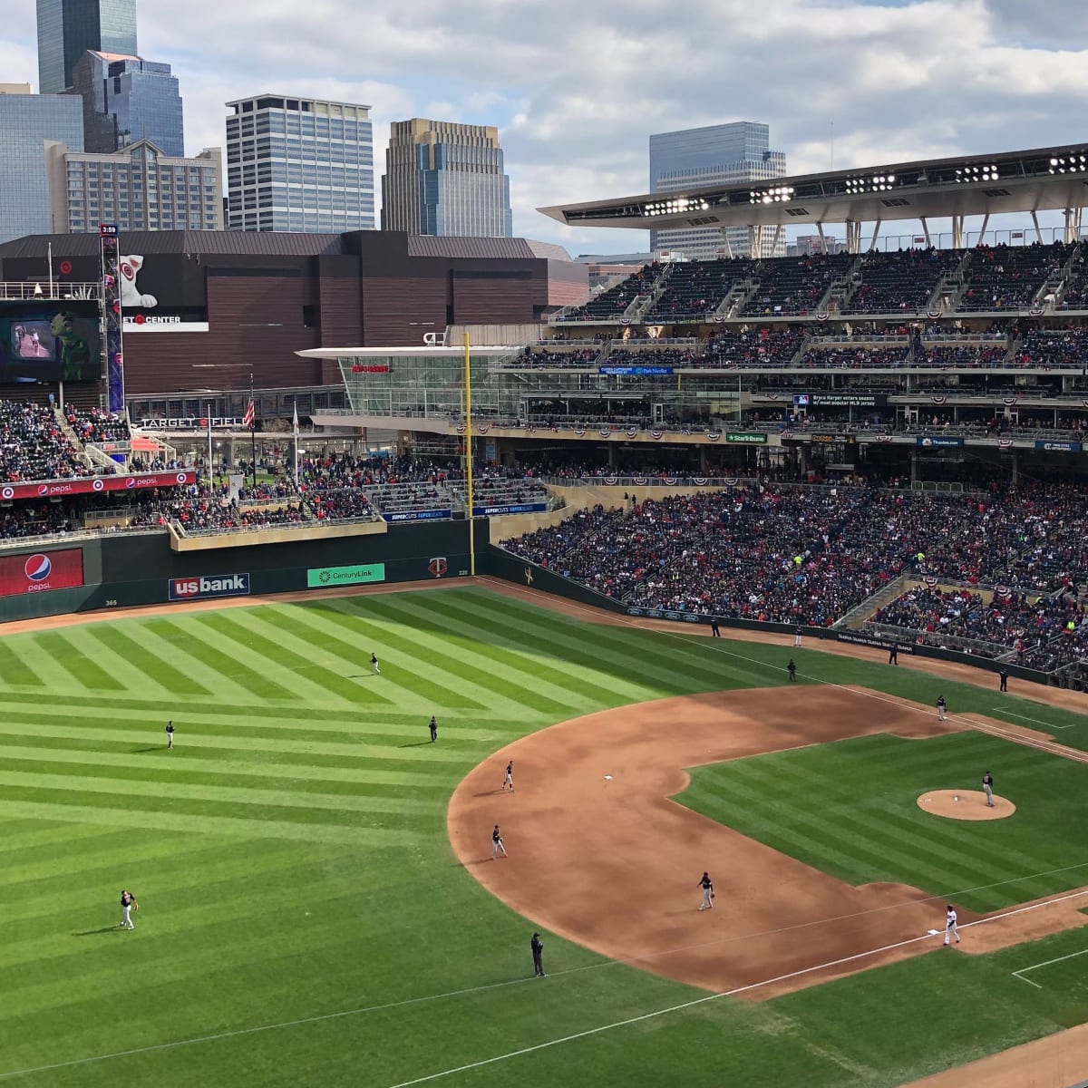 An aerial view of Target Field during a game between the Minnesota