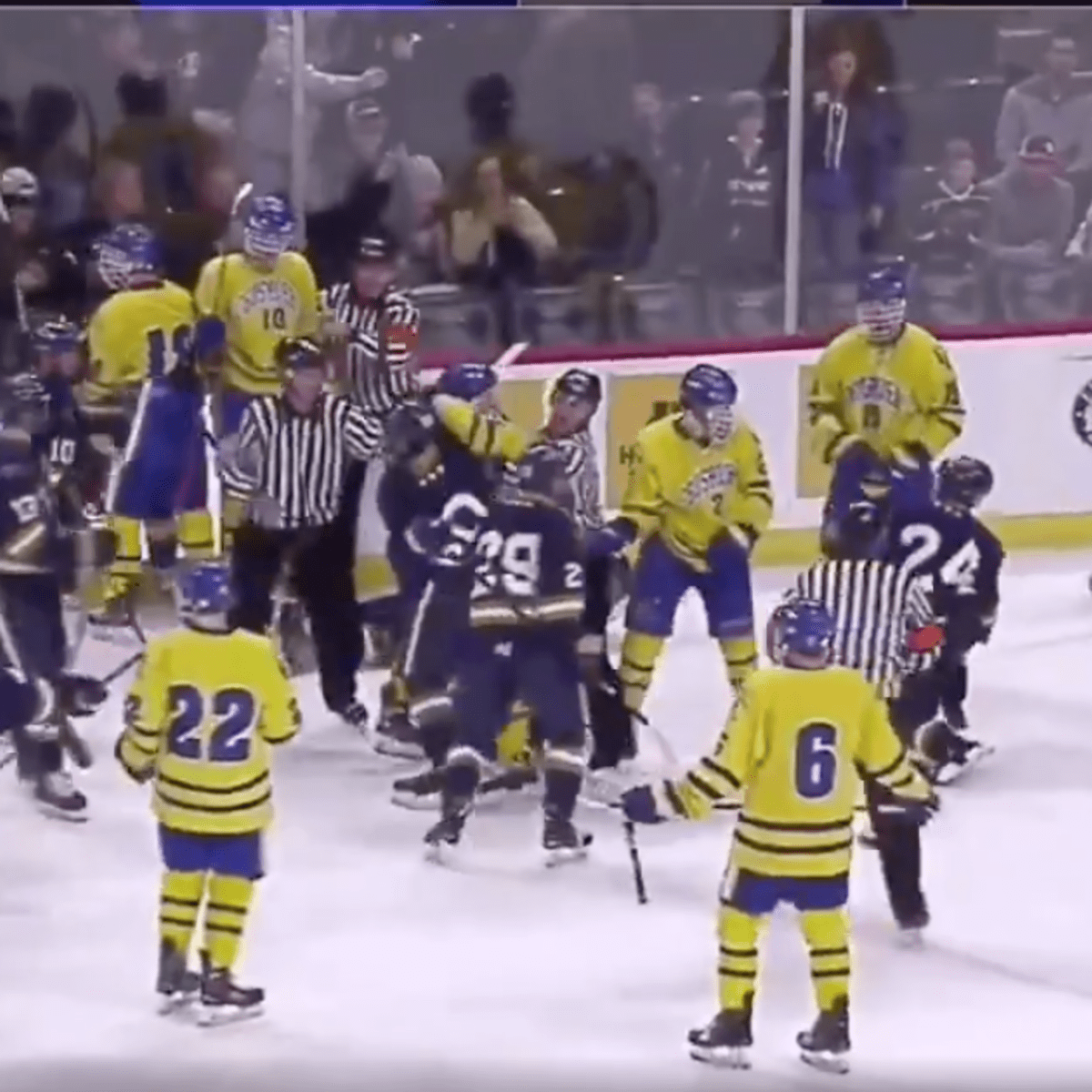 Full bench brawl nearly breaks out at Minnesota state hockey tournament