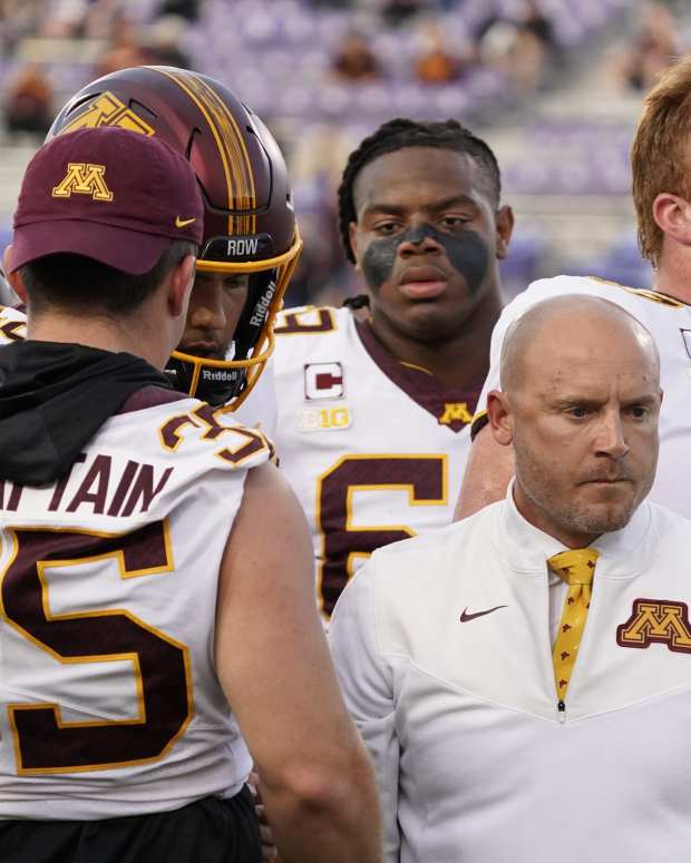 Sep 23, 2023; Evanston, Illinois, USA; Minnesota Golden Gophers head coach PJ Fleck on the field before the game against the Northwestern Wildcats at Ryan Field.