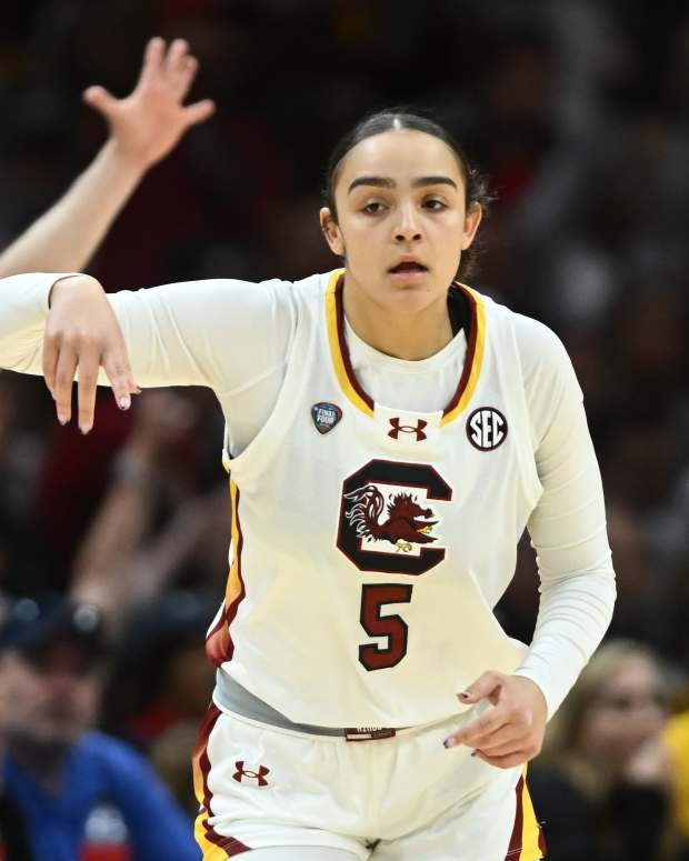 South Carolina guard Tessa Johnson (5) reacts against Iowa in the championship of the women's NCAA Tournament at Rocket Mortgage FieldHouse in Cleveland on April 7, 2024.