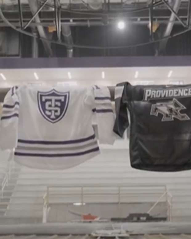 A screenshot from St. Thomas' promo video of its matchup against Providence.