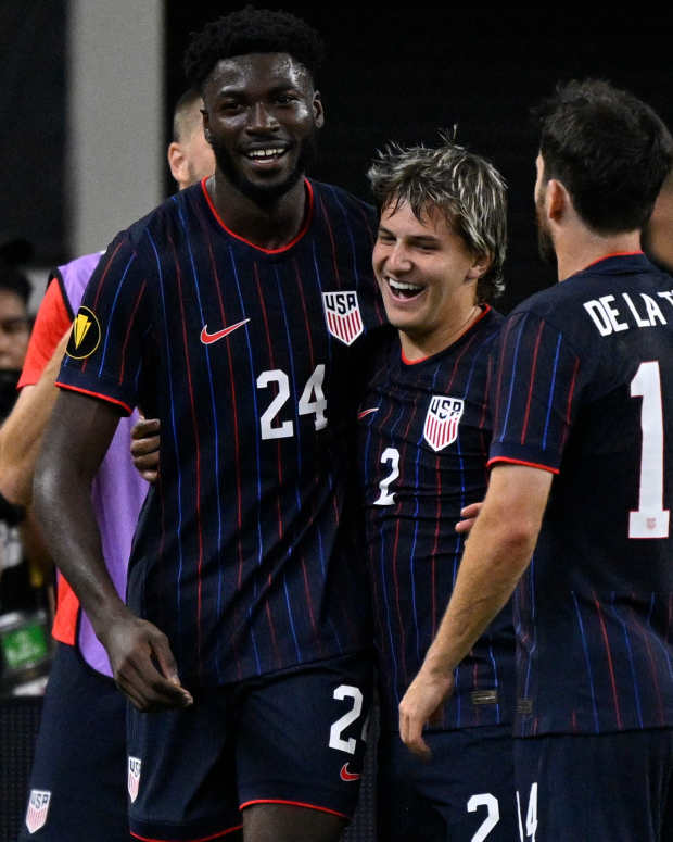 Patrick Agyemang (24) celebrates scoring during the second half against Haiti