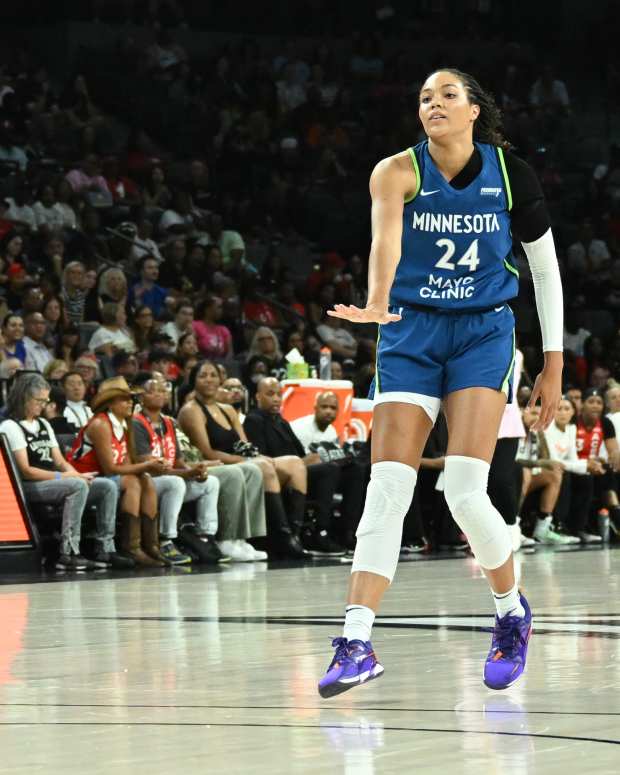 Aug 2, 2025; Las Vegas, Nevada, USA; Minnesota Lynx forward Napheesa Collier (24) gestures after scoring against the Las Vegas Aces during the first quarter of their game at Michelob Ultra Arena. Mandatory Credit: Candice Ward-Imagn Images  