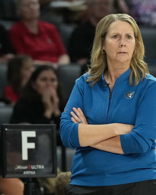 Aug 2, 2025; Las Vegas, Nevada, USA; Minnesota Lynx head coach Cheryl Reeve looks on in the third quarter of their game against the Las Vegas Aces at Michelob Ultra Arena. Mandatory Credit: Candice Ward-Imagn Images  
