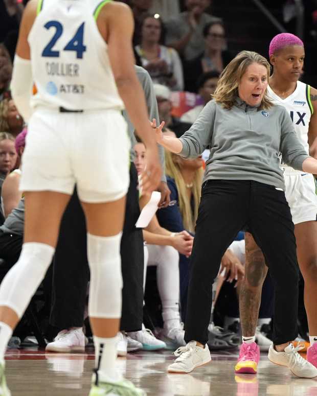 Sep 26, 2025; Phoenix, Arizona, USA; Minnesota Lynx head coach Cheryl Reeve gets called for a technical foul against the Phoenix Mercury during game three of the second round for the 2025 WNBA Playoffs at PHX Arena.