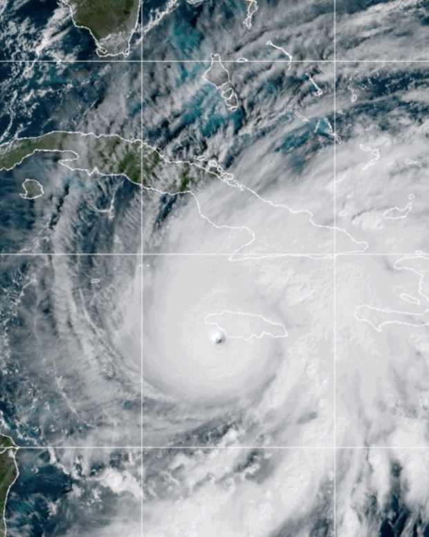 The satellite view of Hurricane Melissa as it makes landfall in Jamaica on Oct. 28, 2025.