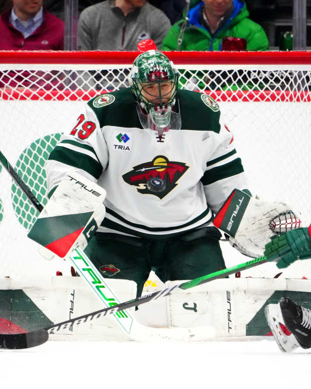 Minnesota Wild goaltender Marc-Andre Fleury makes a save in the third period against the Colorado Avalanche at Ball Arena in Denver on Jan. 20, 2025.