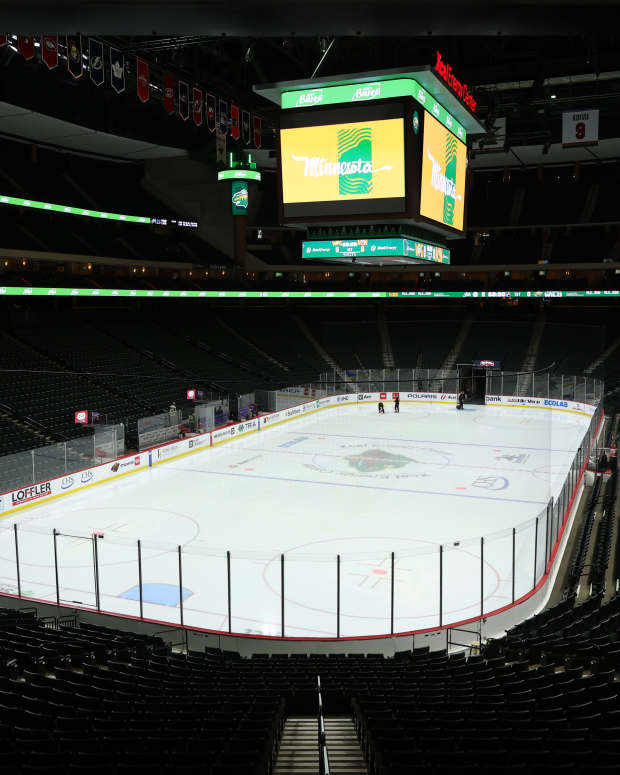 General view of the ice surface prior to a game between the Winnipeg Jets and the Minnesota Wild in St. Paul, Minn., on April 6, 2024.