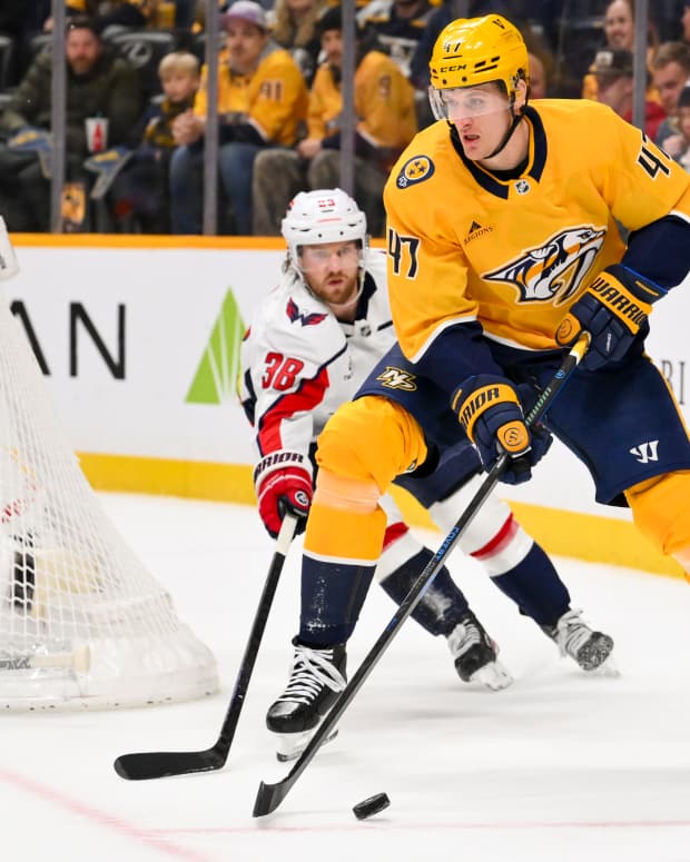 Jan 11, 2026; Nashville, Tennessee, USA; Nashville Predators right wing Michael McCarron (47) skates behind the net against the Washington Capitals during the third period at Bridgestone Arena. Mandatory Credit: Steve Roberts-Imagn Images