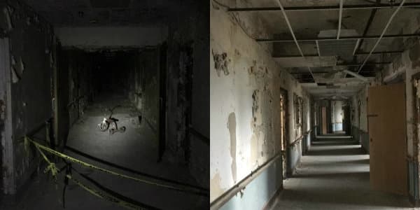 Inside Nopeming Sanatorium. A tricycle in a first floor hallway (left) and a third floor hallway that has had some paranormal activity (right).
