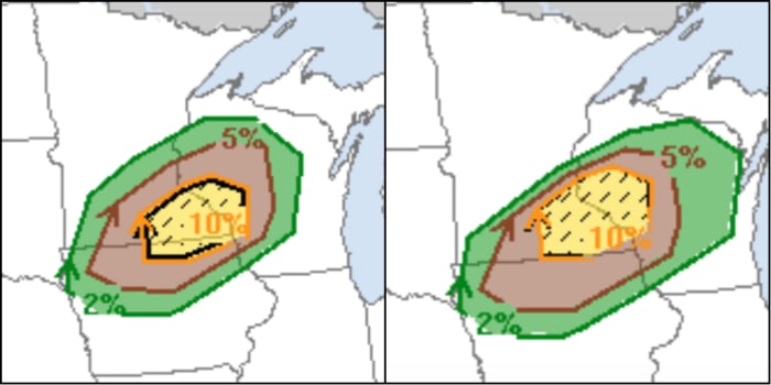 The black hash marks within the yellow/black circle represent the zone that could see strong tornadoes.
