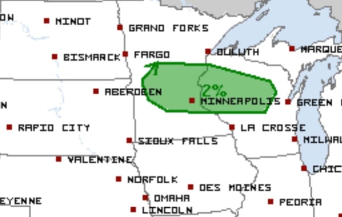 The area shaded in green has the best chance – still a low chance – of storms producing a tornado.