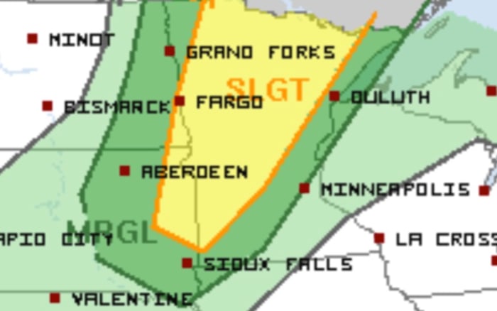 The yellow-shaded area is under a slight risk of severe storms Thursday. The area will be refined in the coming days.
