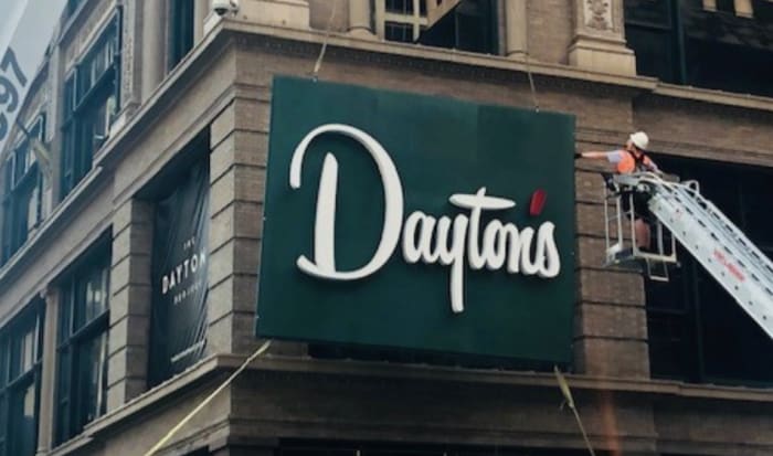 Iconic sign returns to the Dayton s building in 