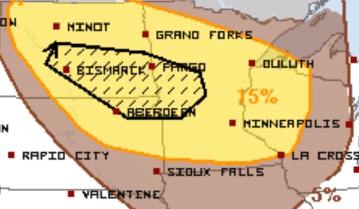 The area within the black/dashed outline could have significant severe weather impacts.
