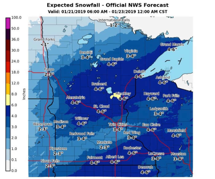 Accumulating snow Monday into Tuesday in Minnesota, followed by frigid