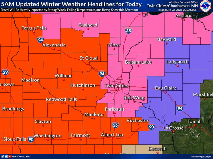Red is a blizzard warning; pink is a winter storm warning; purple is a winter weather advisory.