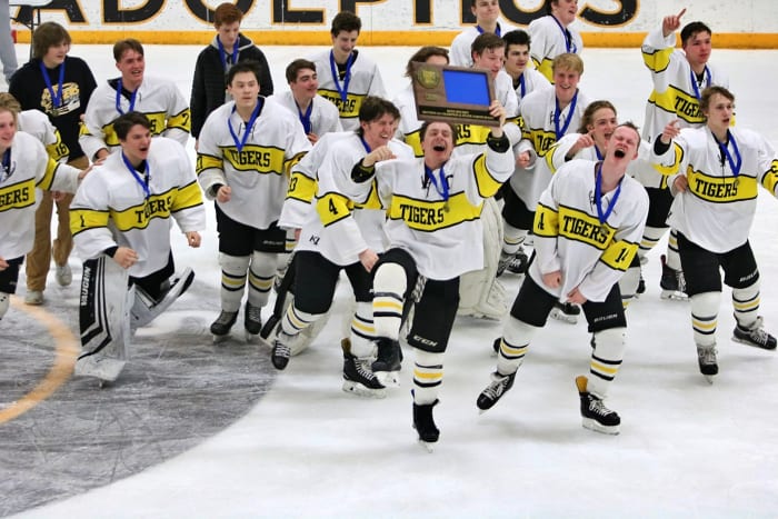 The Hutchinson Tigers celebrate after an 8-1 win over Litchfield/Dassel-Cokata in the Section 3A championship game Wednesday night in St. Peter, Minnesota.