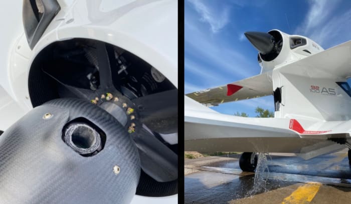 The image on the left shows the missing propeller and the photo on the right shows the damage to the floatplane.