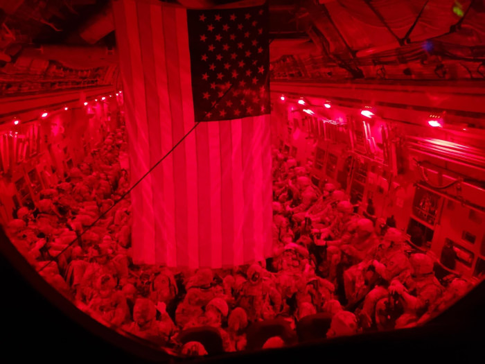 Soldiers of the Minnesota National Guard’s Task Force 1-194, fly on a U.S. Air Force aircraft Aug. 17, 2021,