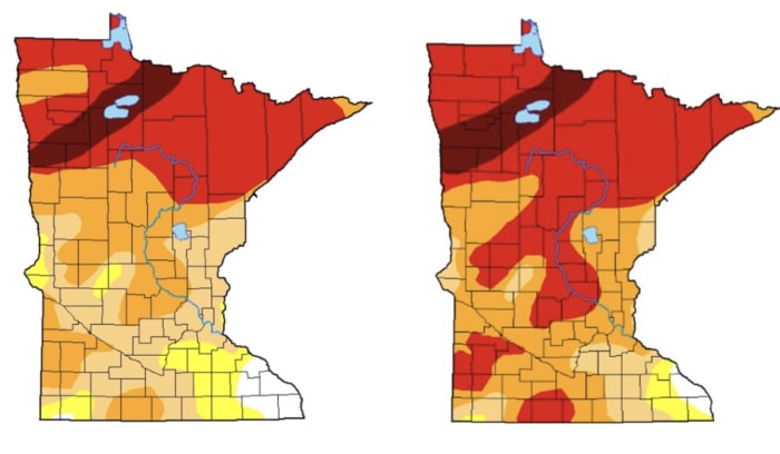 The map on the left shows the drought in Minnesota as of Aug. 31. The map on the right shows the drought in Minnesota as of Aug. 24.