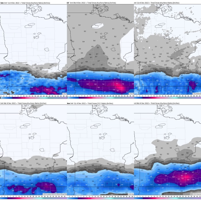 Different models are mostly aligned with the heaviest snow along the Minnesota-Iowa border.