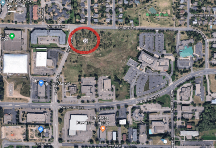 Lift Bridge's current location is seen at the bottom of the image. Circled is its new location.
