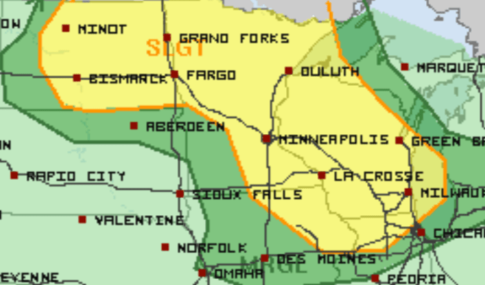 Severe weather risk areas for Sunday. Areas shaded in yellow have the best chances to see severe storms.