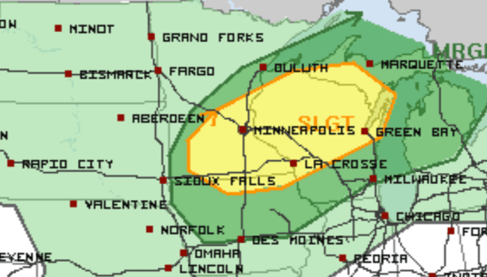 Severe weather risk areas for Monday. Areas shaded in yellow have the best chances to see severe storms.