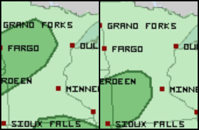 The darker green areas are under a marginal risk for severe storms on Wednesday (left) and Thursday (right).