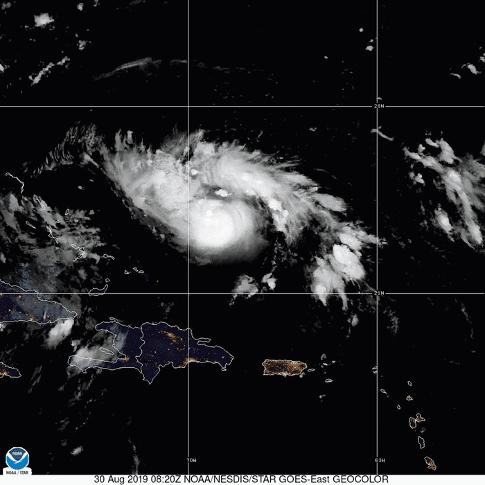 Hurricane Dorian, as seen on satellite Friday afternoon as it moves west-northwest near the Bahamas.