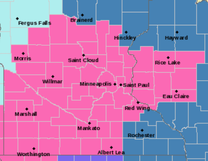Counties colored in pink are in a winter storm warning. The blue represents a winter storm watch, while the light blue is a wind chill advisory.