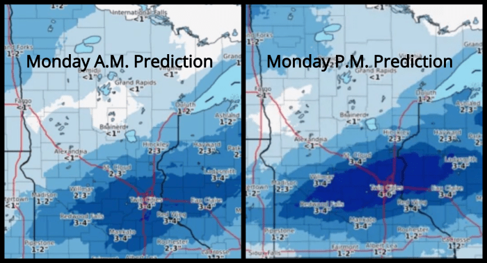 On the left is the Tuesday snowfall forecast issued Monday morning. On the right is the Tuesday snowfall forecast issued Monday afternoon.