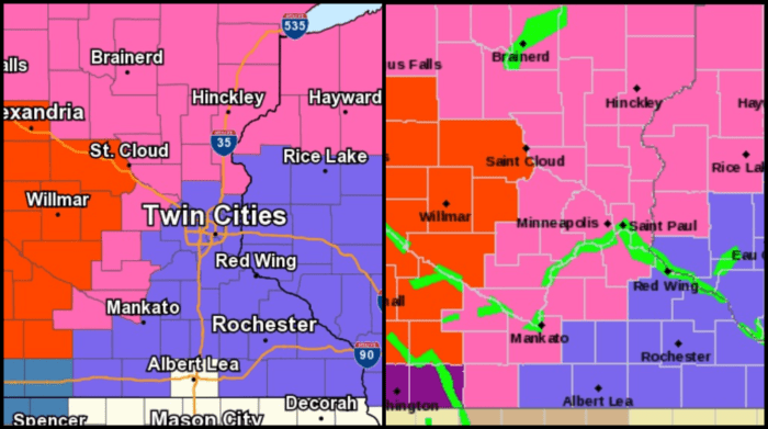 Red means blizzard warning, pink is a winter storm warning and purple is a winter weather advisory. The map on the right is the updated map.