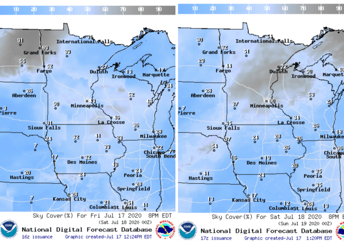 Sky cover (the percent of opaque clouds covering the sky) at 8 p.m. Friday (left) and 8 p.m. Saturday.