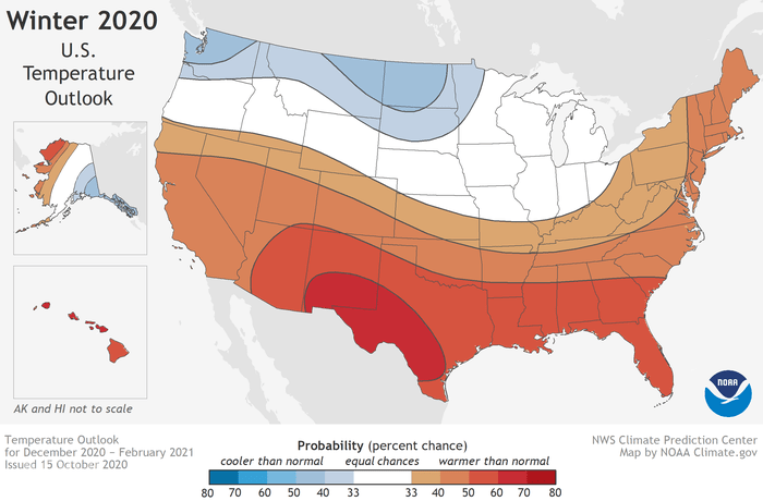 Areas shaded in blue are forecast to have colder than normal temperatures December-February.