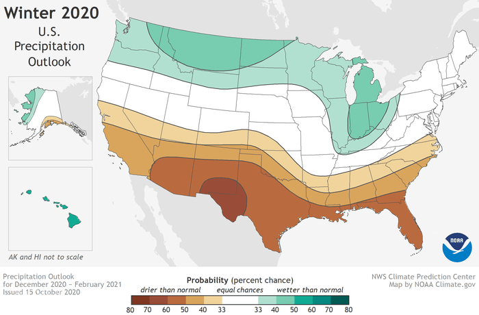 Areas shaded in green are forecast to have wetter than normal conditions December-February.