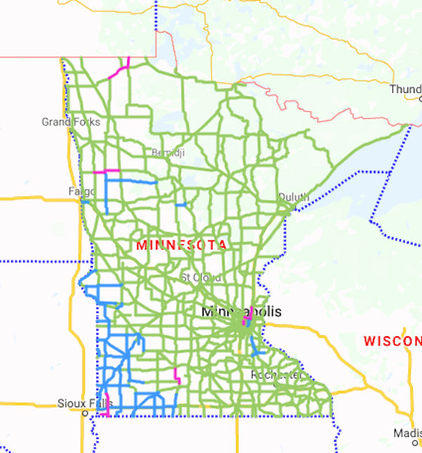 Road conditions as of 11:45 a.m. Tuesday. Green on the map means roads are clear, blue means roads are partially covered in snow and/or ice, and purple means roads are completely covered in snow and/or ice.