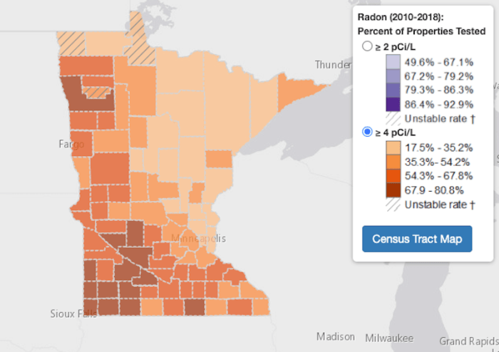 This map shows the percent of properties tested for radon from 2010-2018. The color reflects the percent of properties that had a radon test result of 4 pCi/L or greater – the darker the color, the more homes got that result.